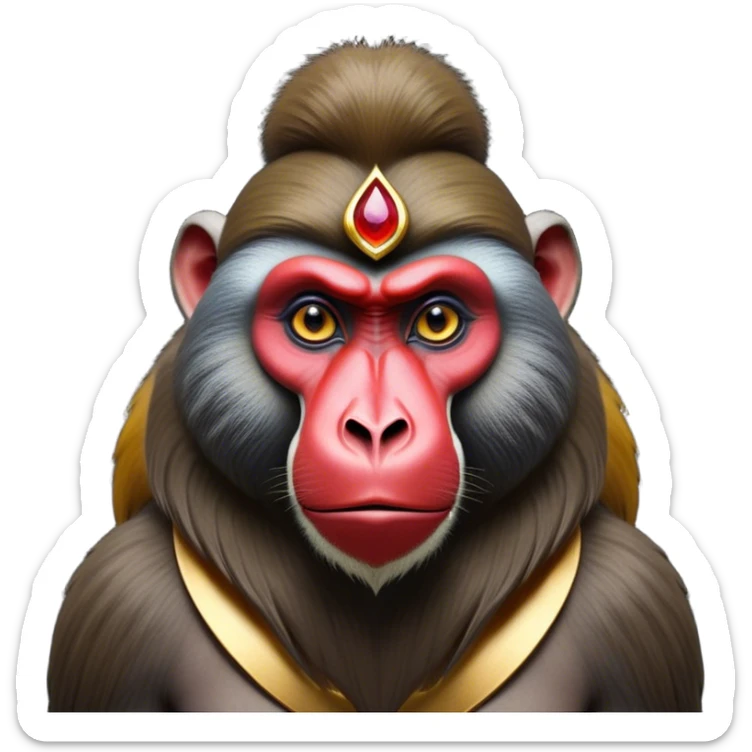 Cinematic Noble Mandrill baboon Portrait Emoji, Poised and regal, with a striking, powerful build and a vivid, deep-set soulful eyes, Simplified yet sharp and sophisticated features, highly detailed, glowing with a vibrant, dignified glow, high shine, intelligent and commanding, stylized with an air of exotic majesty, focused and attentive, soft glowing outline, capturing the essence of a watchful and confident primate, so majestic it feels as though it could step out of the screen with effortless authority! sticker