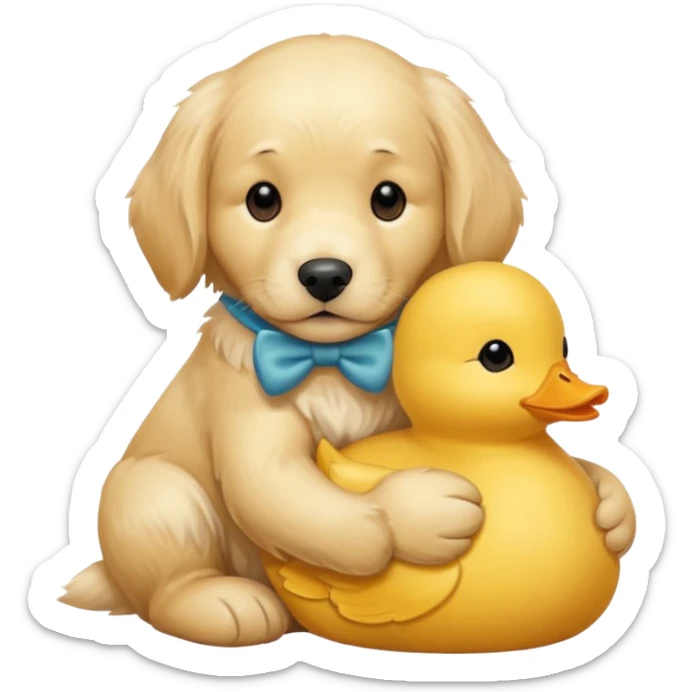 english cream golden retriever snuggling toy yellow duck  sticker