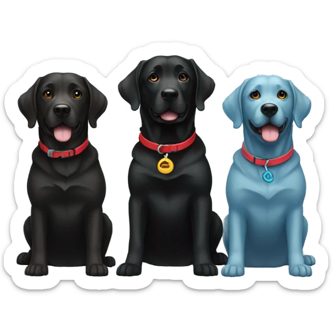 2 happy adult black labradors side by side, bigger dog with red collar, other dog with light blue collar sticker