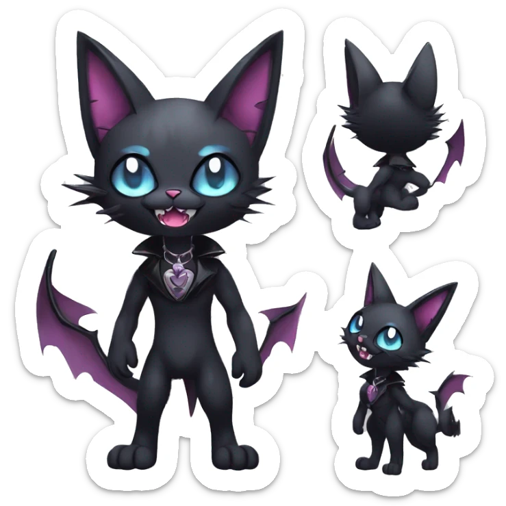   cool edgy kawaii anime-style ethereal dark-punk-themed animal vampiric cat-hybrid Fakemon with fangs and bat-wing-ears with a collar full body sticker