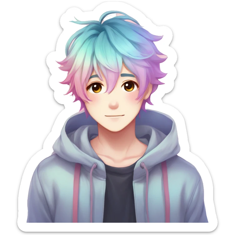 Gorgeous anime style shojo boy with blushing face aesthetic and pretty colorful shiny gradient pastel hair trending style sticker