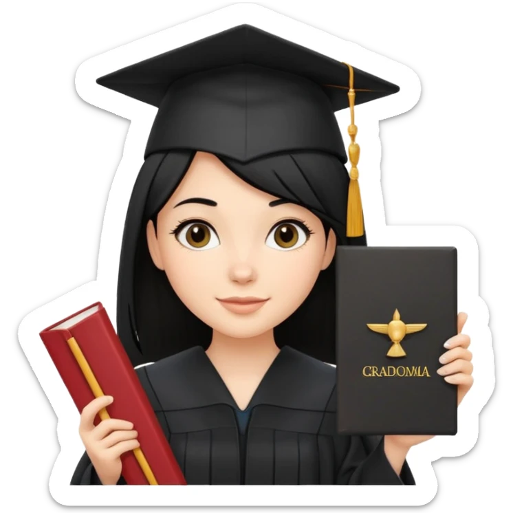 white girl with straight black hair, holding diploma, black graduation cap and gown, cheerful sticker