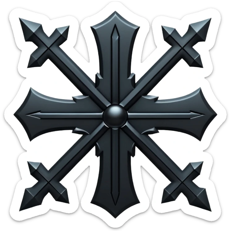 Emoji, dark futuristic cross, symmetrical geometric shape, black metal, gothic cyber aesthetic, minimal flat design, sharp edges, centered, transparent background do not use any other colors but metal and black sticker