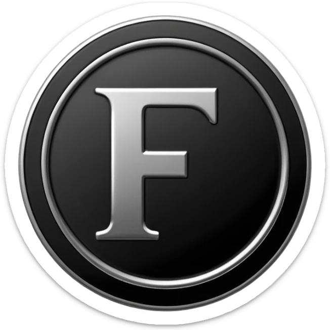 Emoji icon of a black coin with engraved letter F, minimalist style, isolated sticker