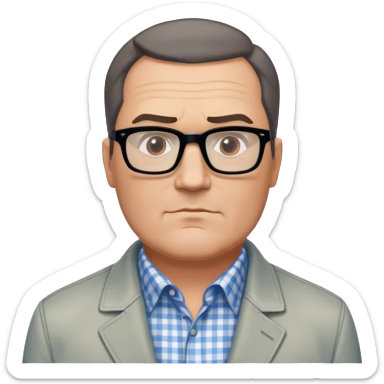50-year-old heavyset man with very wide face and prominent square jawline. Short straight hair combed to the side, not balding. Large dark square glasses. Serious-relaxed expression. Light gray jacket that fits his larger frame, white shirt with blue checkered pattern. sticker