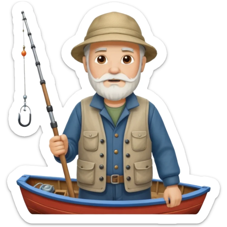 an old white haired, bearded man in fisherman attire, stood in a boat at sea, holding a fishing rod and catching fish with it. sticker