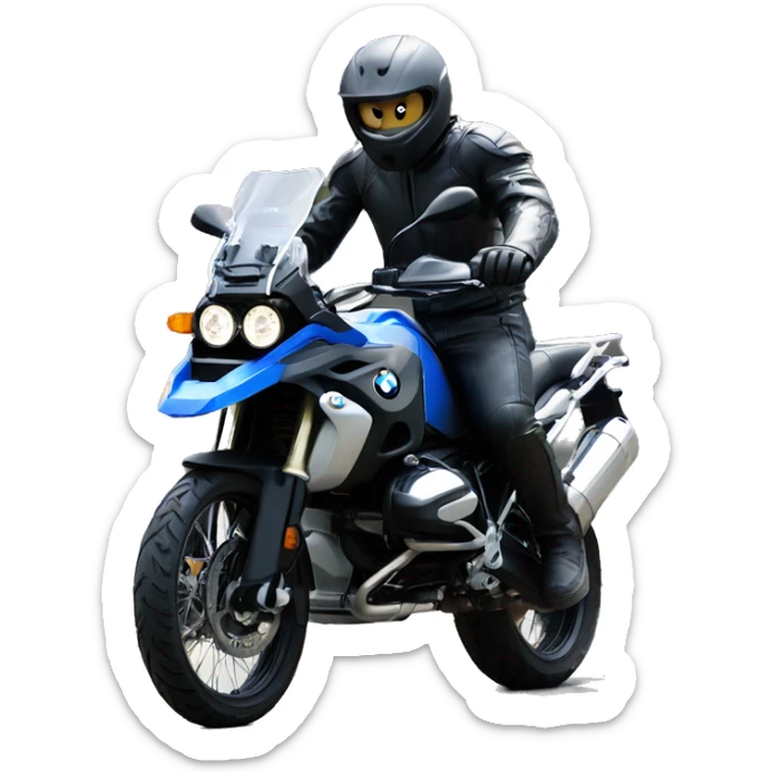 motorcycle bmw gs 1250 black male rider on bike dark hair blue eyes sticker