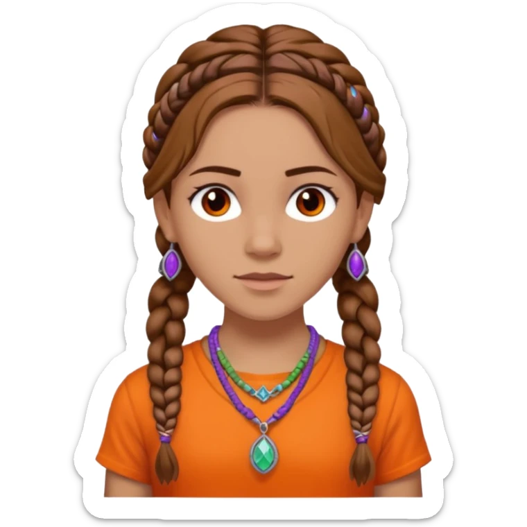 Black Annabeth Chase her head full of braids all over brow hair and a orange shirt that says CHB and with a purple orange green and blue and white beaded necklace sticker