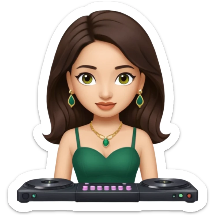pretty bratz genmoji that looks like tamannah bhatia (bollywood actress), wearing a dark green sweetheart neckline top, dark brown hair, light makeup, no necklace, dangly earrings, side hair part, dark brown eyes, djing sticker