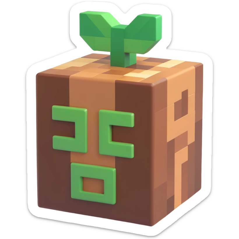 Minecraft support emoji, 3D emoji style, blocky, green and brown colors, inspired by Minecraft game sticker