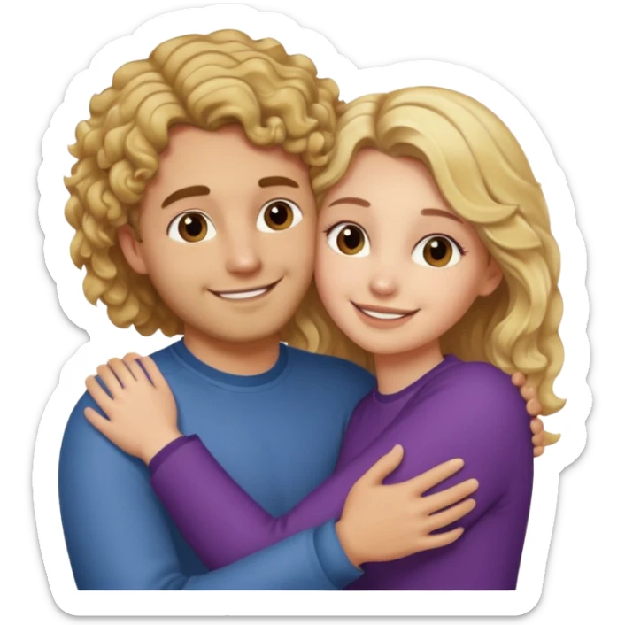 blonde girl with straight hair and medium toned guy with brown curly hair hugging sticker