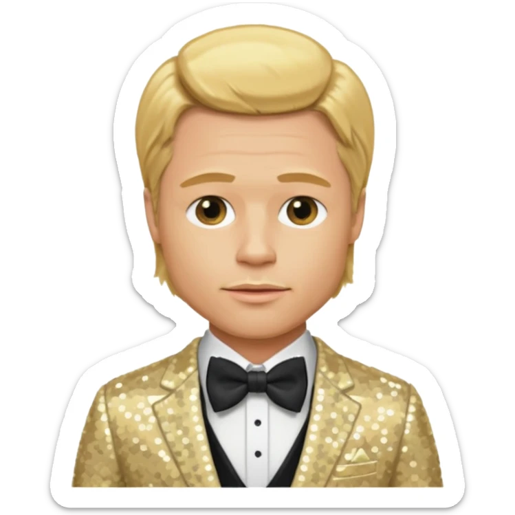 Brad Pitt with golden blonde hair, cream sequin suit with bow tie sticker