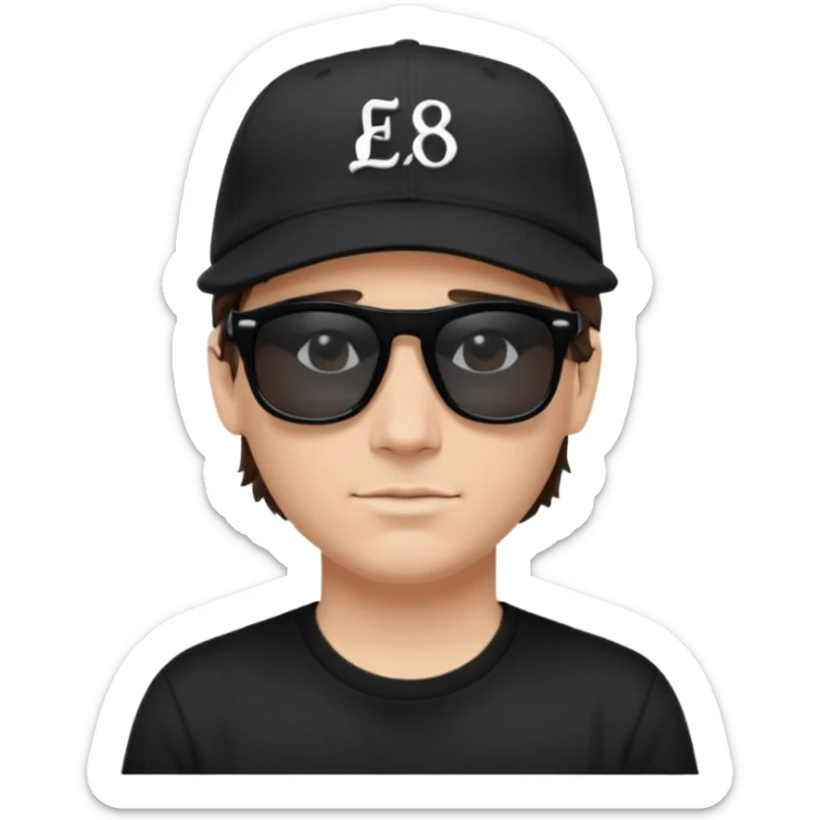 Emoji of a white man with short dark brown hair under a black baseball cap, wearing a black t‑shirt and 1980s‑style black Ray‑Ban rectangle sunglasses black lenses, with black musical notes floating around his head,  sticker