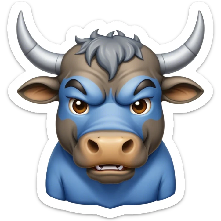 Toro que se vea agresivo a representar a una empresa que funde metales vestido con una camiseta  azul y ploma sticker