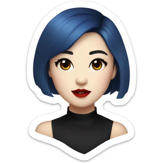 Dani Kim A Korean-white woman with short blue asymmetric bobbed hair, rounded heart-shaped face, red lipstick, black eyeliner and mascara wings, and black choker collar sticker