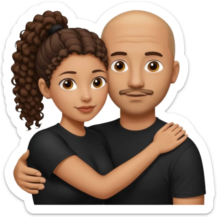 A picture of a tanned couple embracing. the man is a Mexican man with tanned skin, a bald hair cut, short beard and wearing a black shirt. the woman is mixed, with curly brown hair in a pony tail and with big boobs  sticker