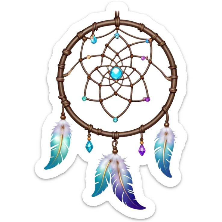 Iridescent shiny transparent crescent nebula Dreamcatcher-suncatcher hanging from a thread, with gemstones sticker