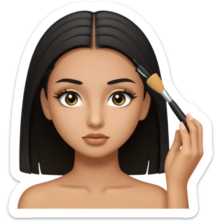 tan girl with black straight hair half her hair is back and the other half is in front and she’s applying mascara sticker