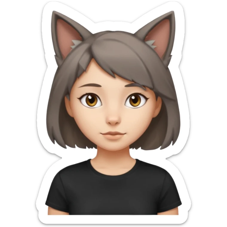 a girl with short brown wolf cut , grey cat ears and a tail, with a black t-shirt on sticker