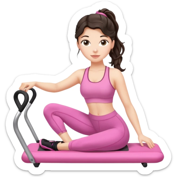 european white woman with dark wavy hair in ponytail using a pink set doing pilates sticker