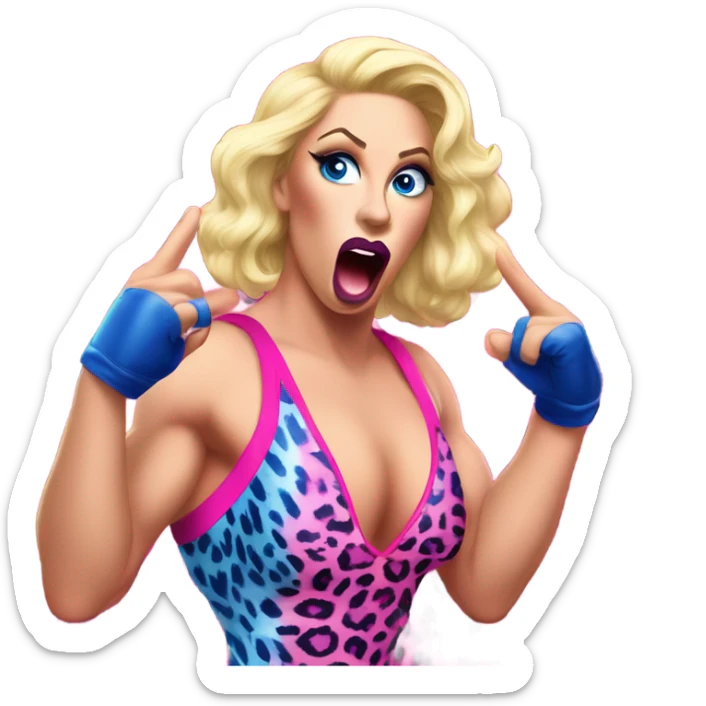 Tall blonde Caucasian muscular woman wrestler with blue eyeshadow and big lips wearing a pink leopard print leotard blowing a kiss sticker