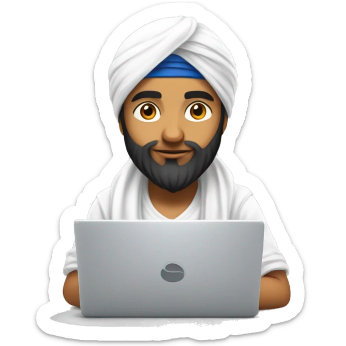 a young sikh boy oimg coding on laptop, Make him wear a Punjabi turban of white color, MAKE the turban very cute , and a little pointy , And Make the bouy cute sticker