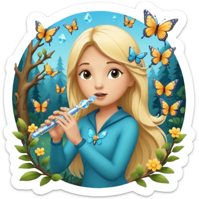 woodland sticker character, blonde woman playing crystal flute, butterflies around sticker