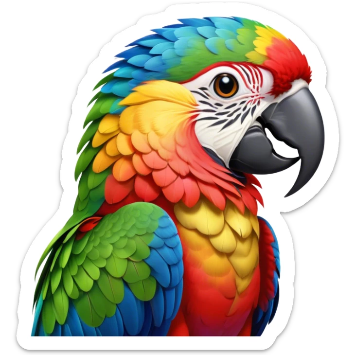 Cinematic Noble Macaw Portrait Emoji, Poised and regal, with vibrant, iridescent feathers in a spectrum of brilliant colors and sharp, intelligent eyes, Simplified yet sharp and sophisticated features, highly detailed, glowing with a soft, tropical radiance, high shine, majestic and graceful, stylized with an air of exotic elegance, focused and alert, soft glowing outline, capturing the essence of a watchful and confident avian guardian that seems ready to soar out of the screen with effortless authority! sticker
