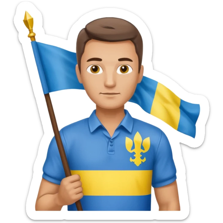photorealistic Ukrainian man with the flag of Ukraine sticker