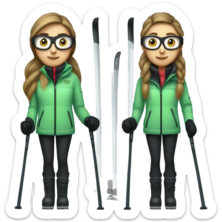 Green-eyed, overweight female skier with long straight hair, glasses, light grey snow jacket, long black pants, black only snow boots, wearing black skis standing tall. sticker