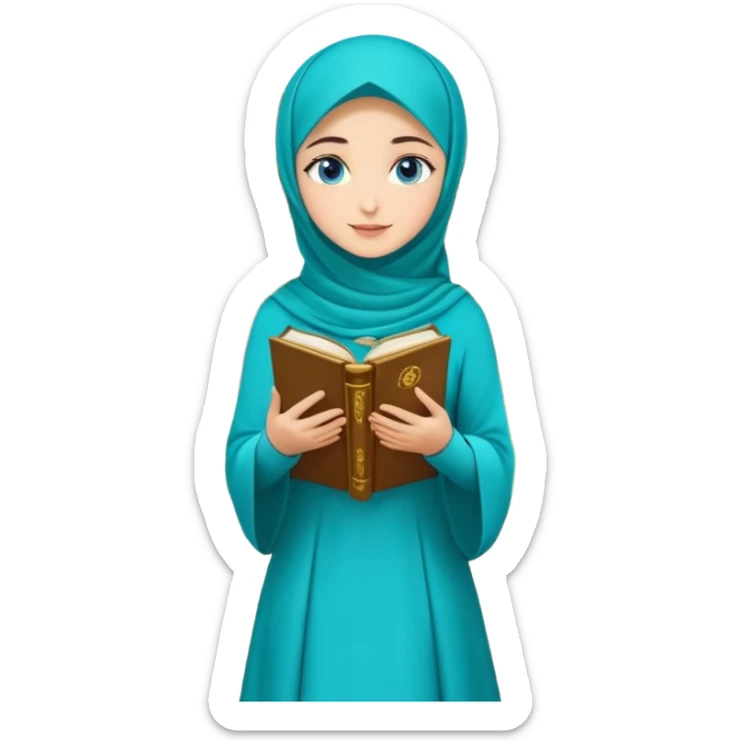 Turkish beautiful finish Konya girl blue eyes with gold hijab and islamic long tailed turquoise dress on the ground at her home garden and had on her hand text Eid Mubarak  sticker