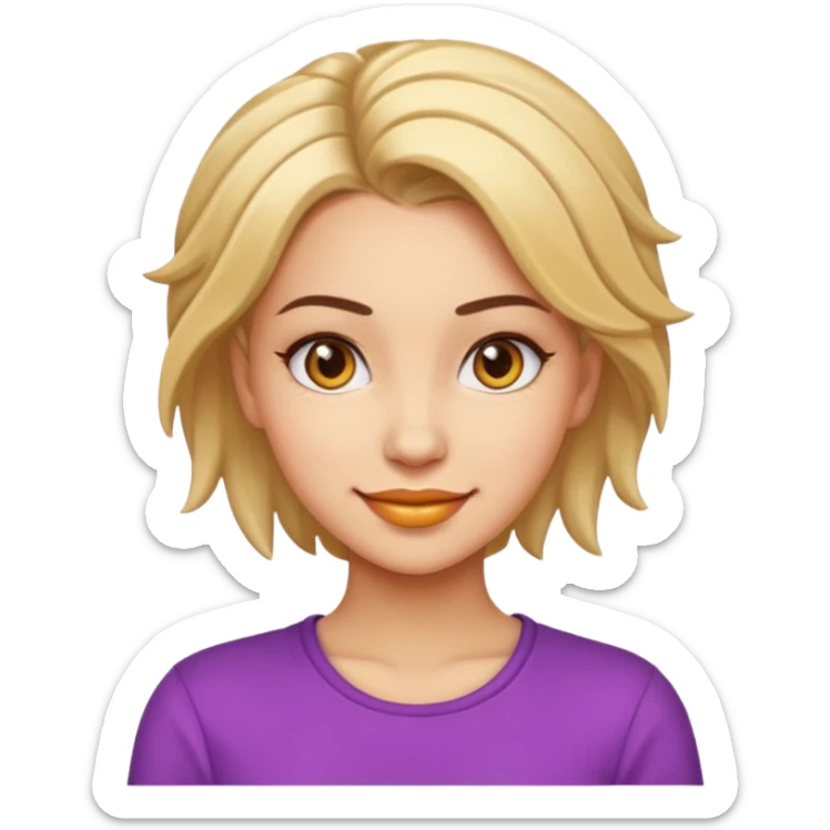 A stylish young woman with expressive eyes, trendy hairstyle, and a confident smile, dressed in fashionable casual wear, exuding charm and personality. Emoji style, vibrant colors, simple yet detailed. sticker