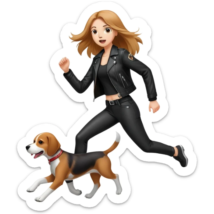 A beautiful tall girl with fair skin and long hair wearing a black leather jacket and black pants running wildly with Beagle sticker