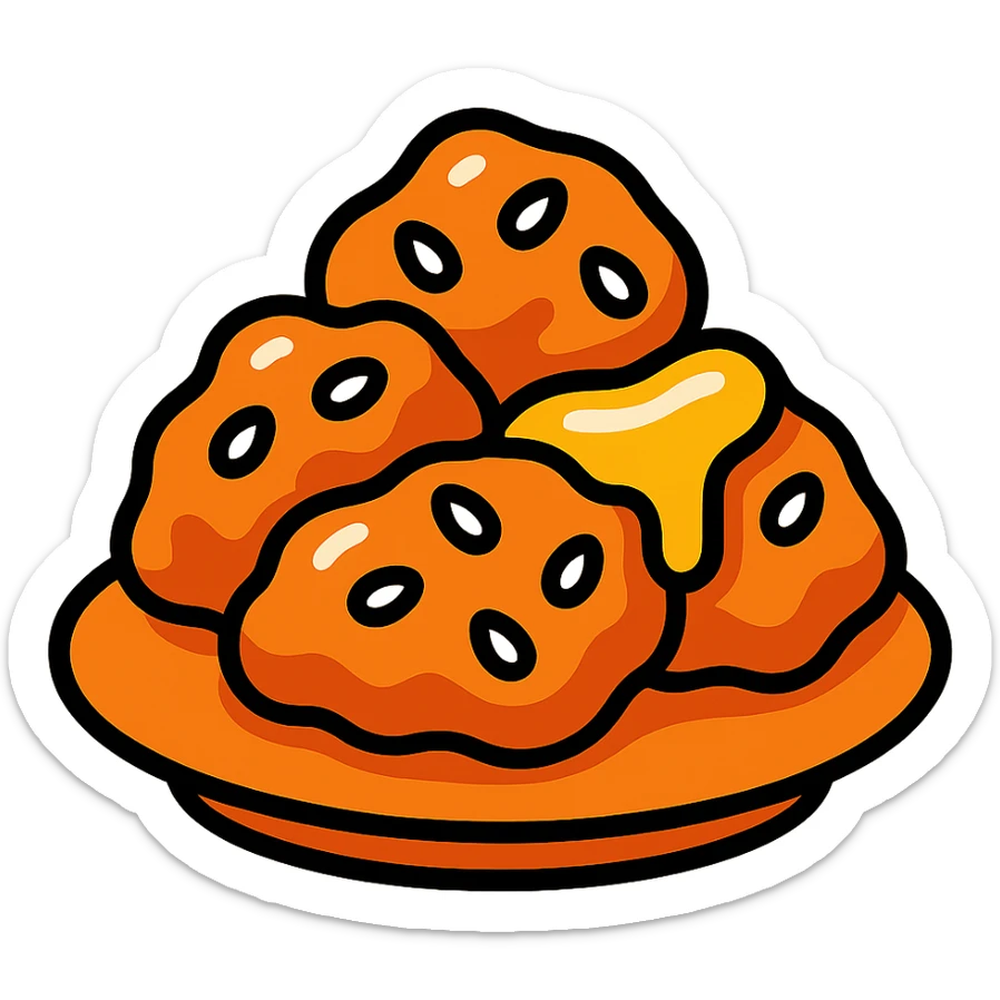 honey chicken, close-up, sticky glaze, sesame seeds, food icon, colorful outlined style sticker