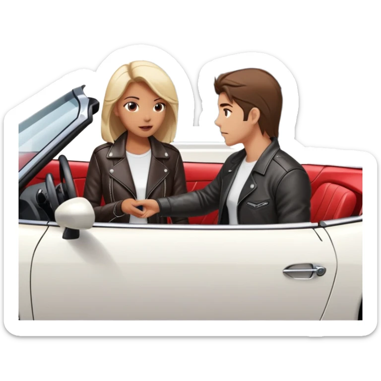 woman standing outside sports car talking to man inside sports car with window down sticker