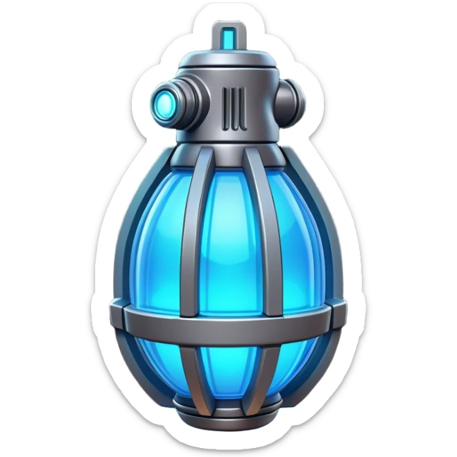 Clash of Clans aesthetic: Cinematic Playful 3D Isometric Plasma Grenade Emoji, rendered in a 3D vector-style similar to standard emojis with minimal shading and bold, simplified shapes. A compact, distinct form with signature details, softly glowing with a futuristic sci-fi warfare charm. Simplified yet unmistakably iconic, highly detailed and consistent, glowing with a soft radiance and high shine. Stylized with a touch of high-tech brilliance and a soft glowing outline, capturing the essence of a beloved gaming relic with a friendly, playful manner! sticker