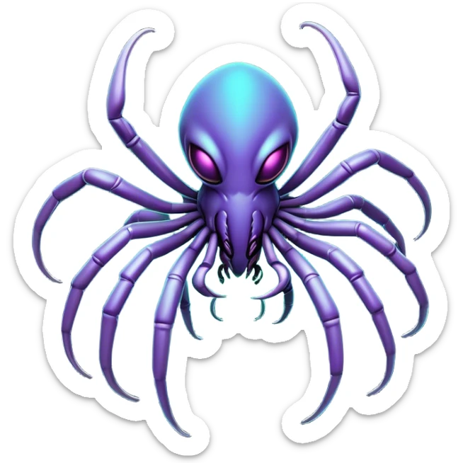 Clash of Clans aesthetic: Cinematic fierce arachnid Alien Emoji, rendered in a 3D vector-style similar to standard emojis with minimal shading and bold, simplified shapes. A compact, isometric, otherworldly creature with insectoid, organic details and subtle, eerie tentacles, softly glowing with a sinister alien charm. Simplified yet unmistakably iconic, highly detailed and consistent, glowing with a soft, spectral radiance and high shine. Stylized with a touch of bio-engineered mischief and a soft glowing outline, capturing the essence of a fearsome extraterrestrial menace with a playful twist! sticker