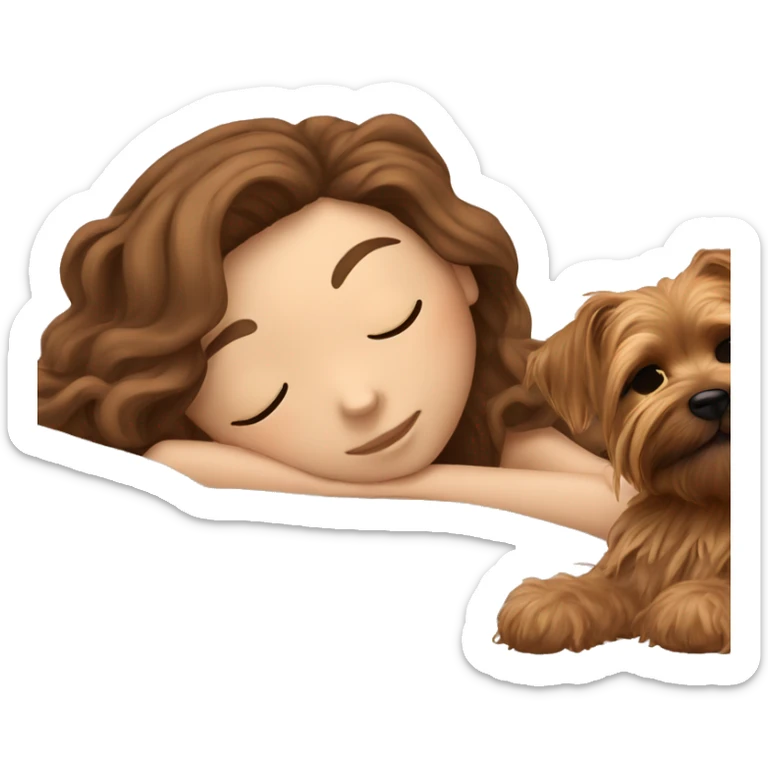 White girl brown hair sleeping with yorkie in bed sticker