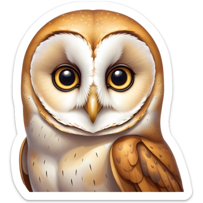 Cinematic Noble Barn Owl Portrait Emoji, Poised and regal, with a slender, graceful build and a striking mottled plumage of whites and browns, deep-set soulful amber eyes, Simplified yet sharp and sophisticated features, highly detailed, glowing with a soft, dignified glow, high shine, intelligent and mysterious, stylized with an air of nocturnal wisdom, focused and attentive, soft glowing outline, capturing the essence of a watchful and confident fowl, so majestic it feels as though it could silently glide out of the screen with effortless authority! sticker