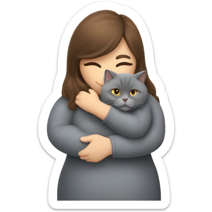 fat British shorthair grey cat hugging long brown hair white woman sticker