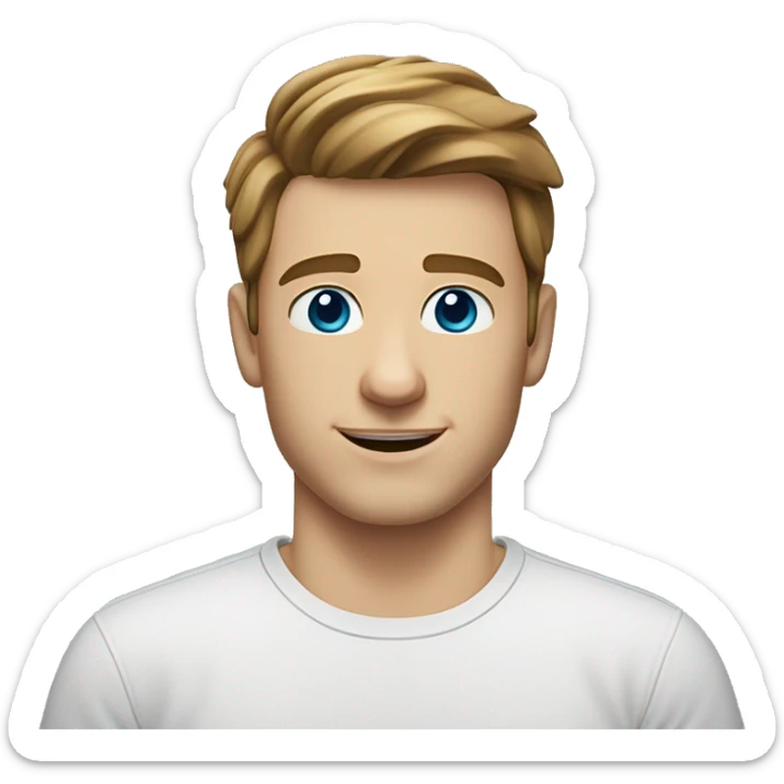 A head and shoulders shot of a 24 year old caucasian man, with short brown hair, with none facial hair,   with blue eyes wearing a t-shirt. sticker