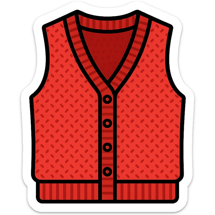 red Barry vest from Sézane brand, iconic style, knitwear category, transparent background, recognizable details like buttons, knit texture, V-neck collar, elegant and modern ambiance sticker