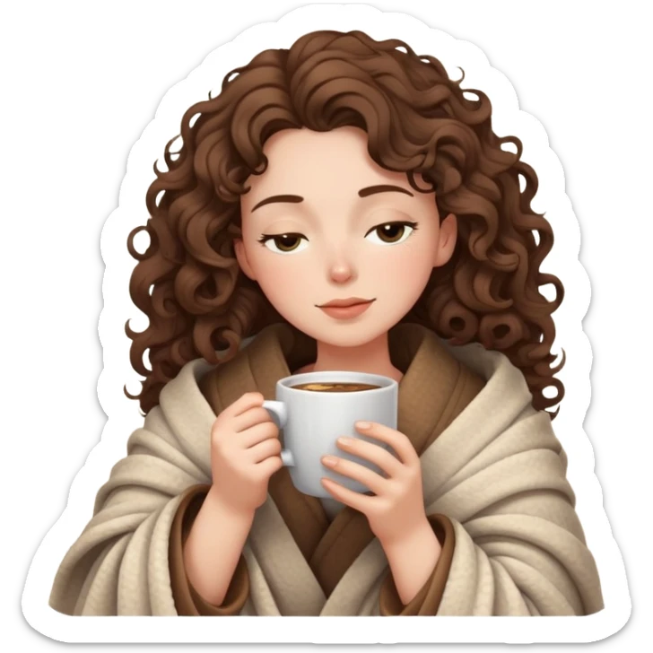 White girl with curly brunette hair wrapped in a cozy blanket sipping coffee with eyes closed peacefully sticker