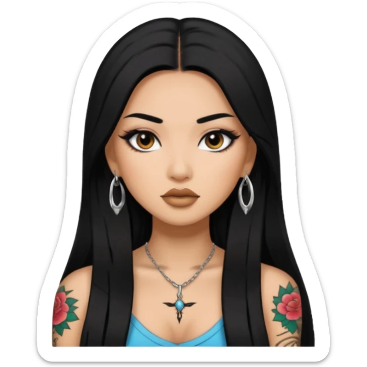 baddie with Asian and Latina features, long straight black hair, makeup, small tatto sticker