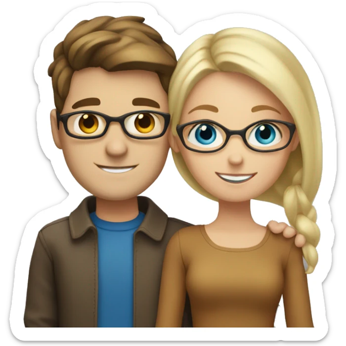 brunette blue eyed white man and blonde brown eyed girl with glasses hugging sticker
