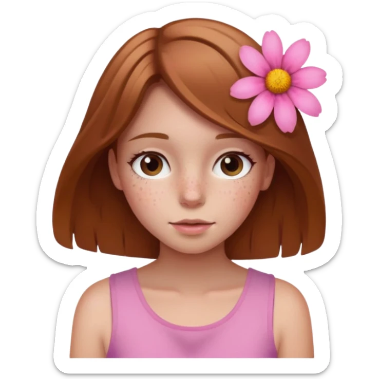 Girl with With light brown hair and a summer pink flower on her head and freckles sticker
