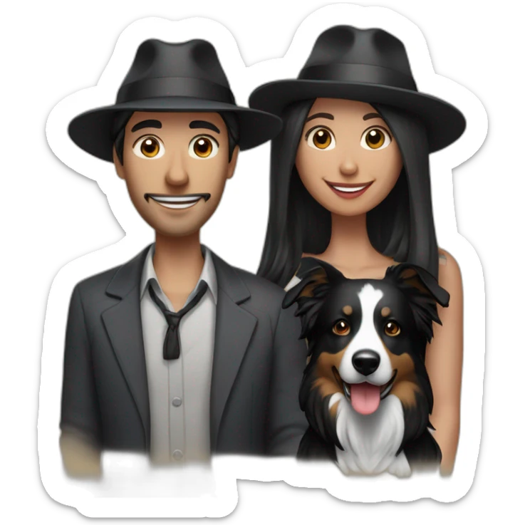 group of 3 consisting of man in hat and woman with black ponytail long hair and small black border collie dog sticker