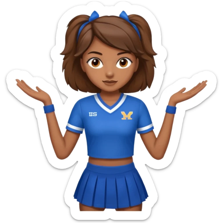 Brown hair, brown eyes, brown skin cheerleader in blue uniform skirt TMS on the shirt sticker