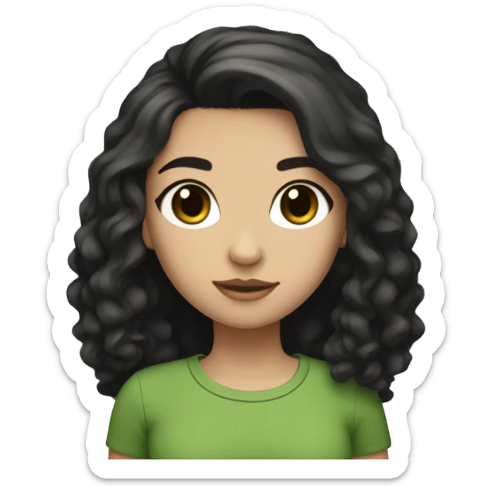 Girl, white skin, black long hair, big brown eyes, eyelashes, green shirt sticker