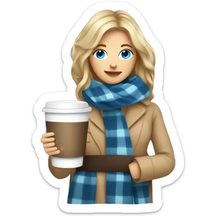 Dark blonde hair woman with blue eyes wrapped in plaid blanket with coffee sticker